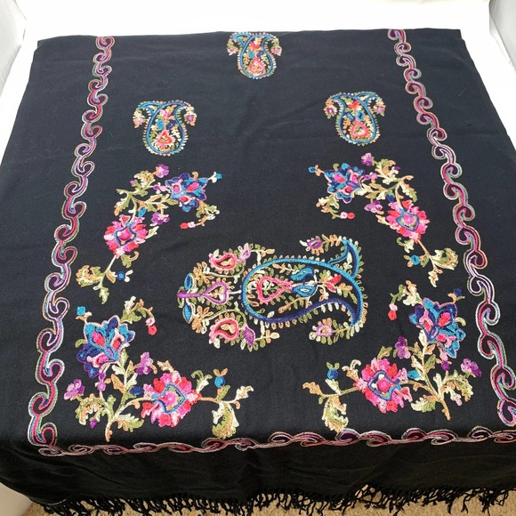 Black Hand Embroidered Cashmere Shawl - Picture 6 of 8
